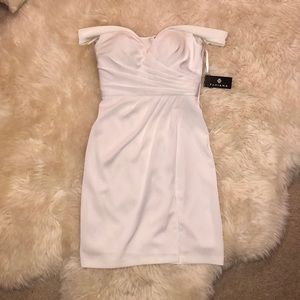 Faviana Off the Shoulder Drape Pleated Dress